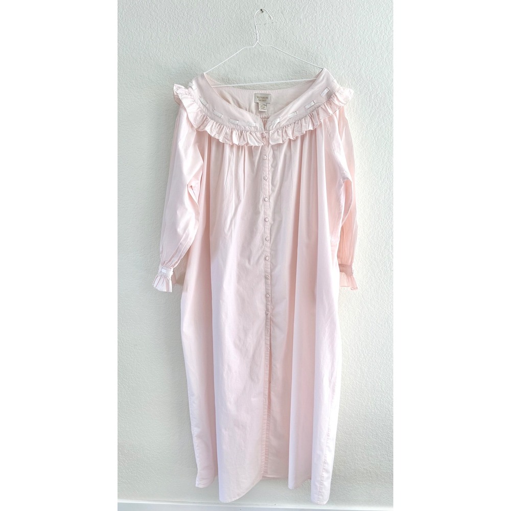 Victoria's Secret Nightgown Women M/L Pink Cotton Ruffle Ribbon Vintage 90s Gold